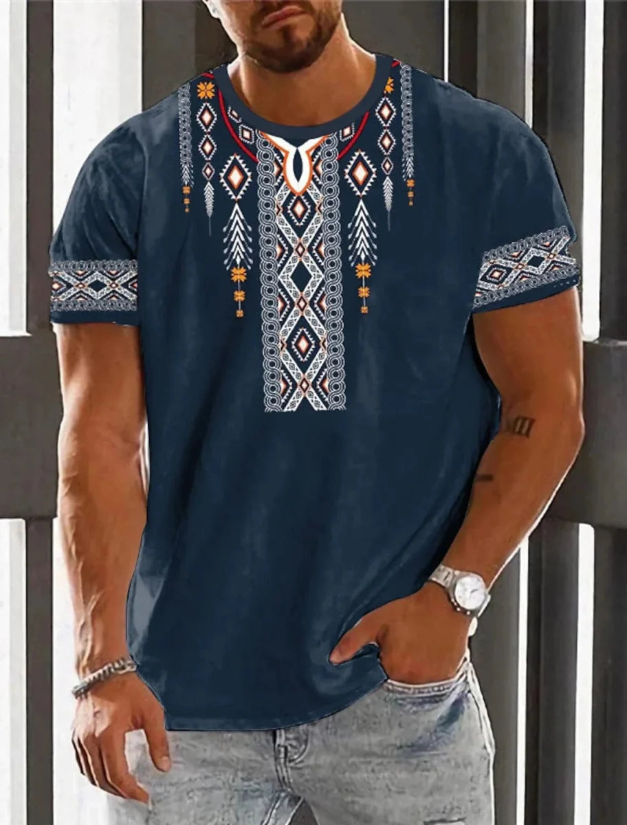 Men's ethnic 3D print T-shirt by Showlu Fashion featuring retro Harajuku totem design, casual summer streetwear top.