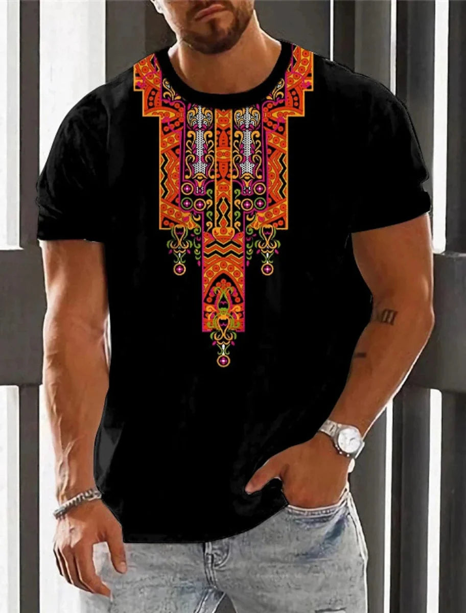 Showlu Fashion men's ethnic 3D print T-shirt featuring retro Harajuku totem design, casual summer streetwear style.