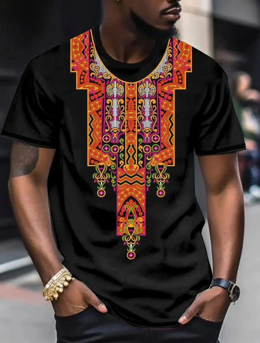 Showlu Fashion men's ethnic 3D print T-shirt featuring retro Harajuku totem design, casual streetwear style in neutral tones.