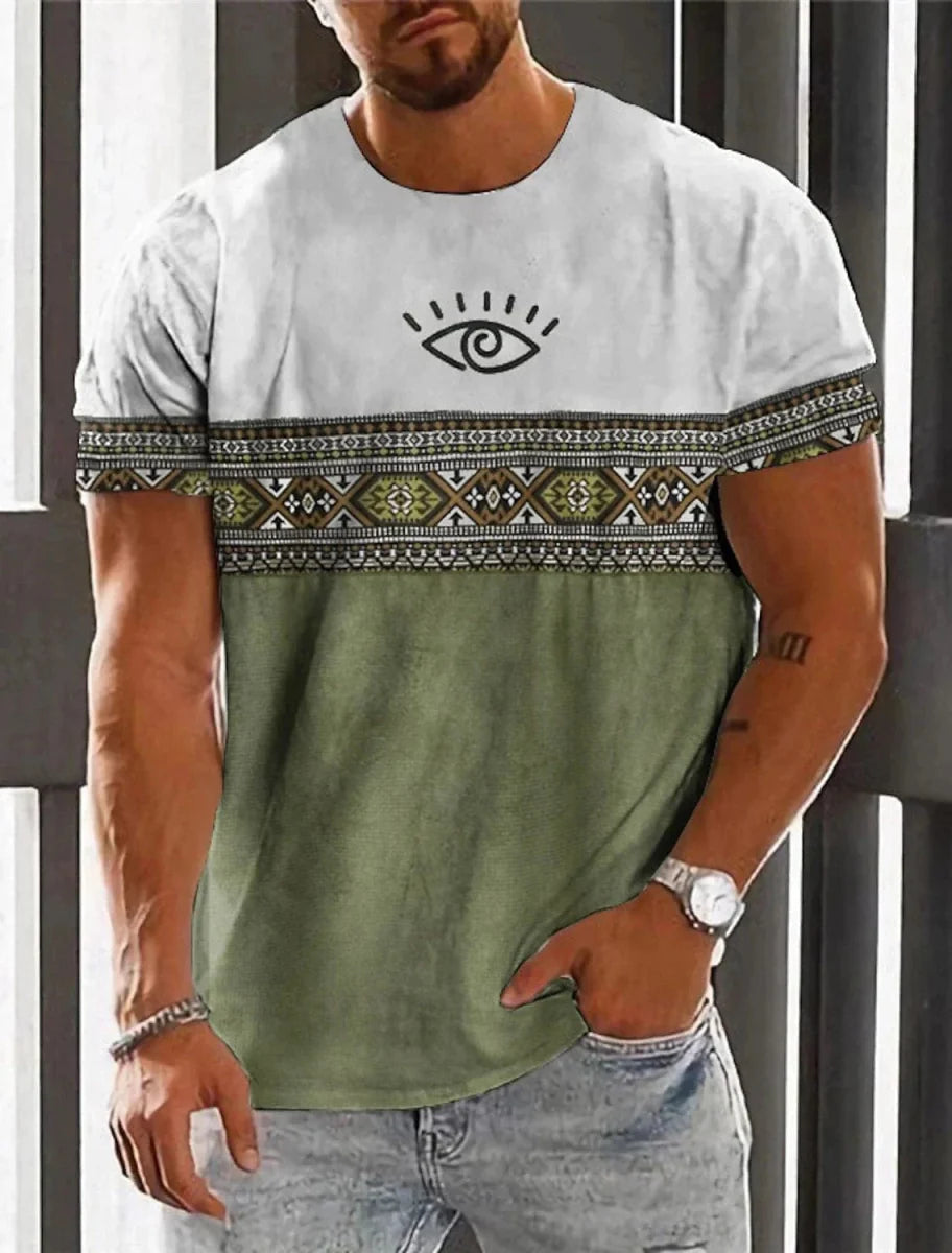 Men's ethnic 3D print T-shirt by Showlu Fashion with retro Harajuku totem design, casual summer streetwear style.