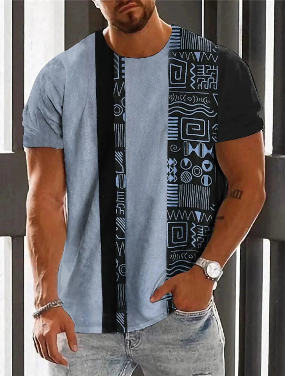Men's ethnic 3D print T-shirt by Showlu Fashion featuring retro Harajuku totem design, casual summer streetwear top.