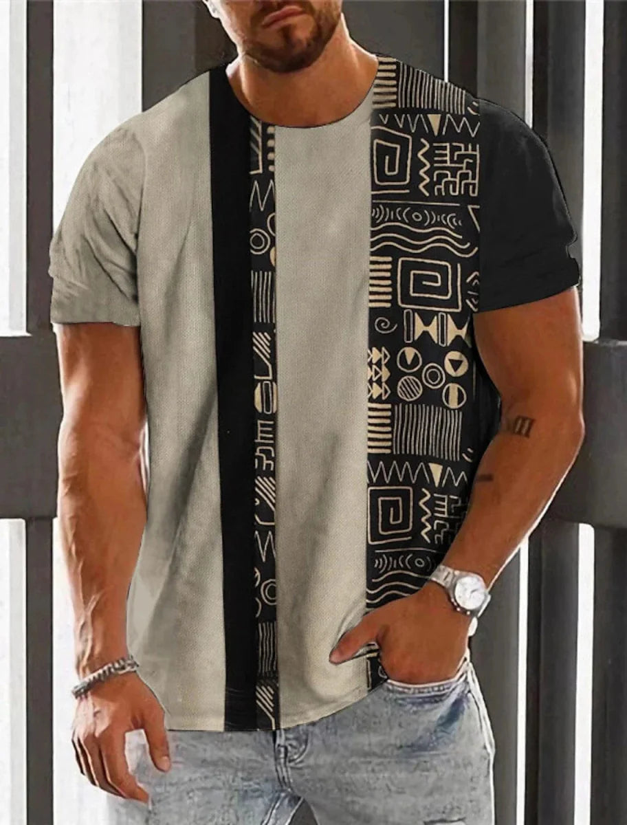 Men's ethnic 3D print T-shirt by Showlu Fashion featuring retro Harajuku totem design, casual streetwear for summer.