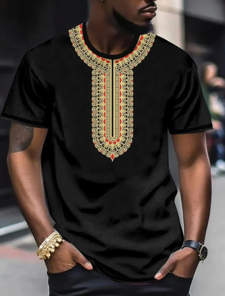 Men's ethnic 3D print T-shirt by Showlu Fashion, featuring retro Harajuku totem design, casual summer streetwear top.