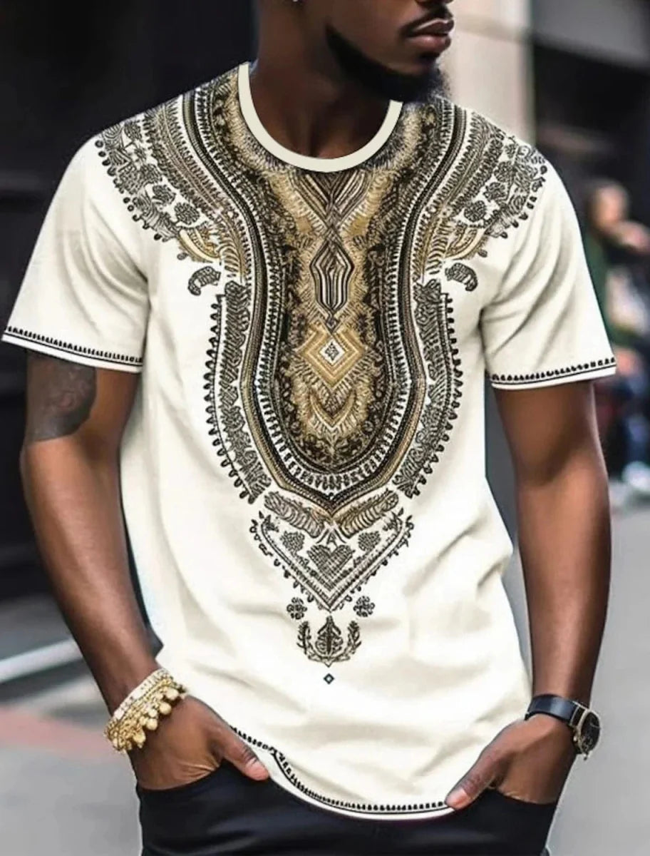 Showlu Fashion men's ethnic 3D print T-shirt with retro Harajuku totem design, casual streetwear for summer fashion.