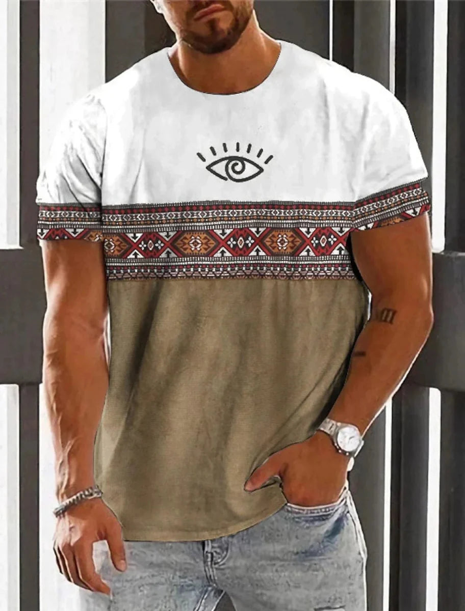 Men's ethnic 3D print T-shirt by Showlu Fashion, featuring retro Harajuku totem design, casual summer streetwear style.