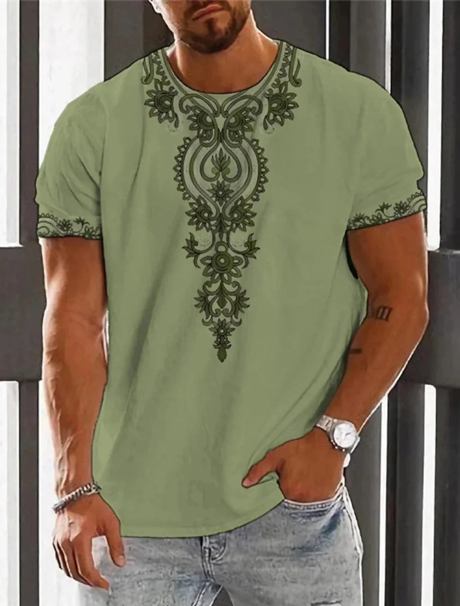 Showlu Fashion men's ethnic 3D print T-shirt featuring retro Harajuku totem design, casual streetwear style, summer fashion top
