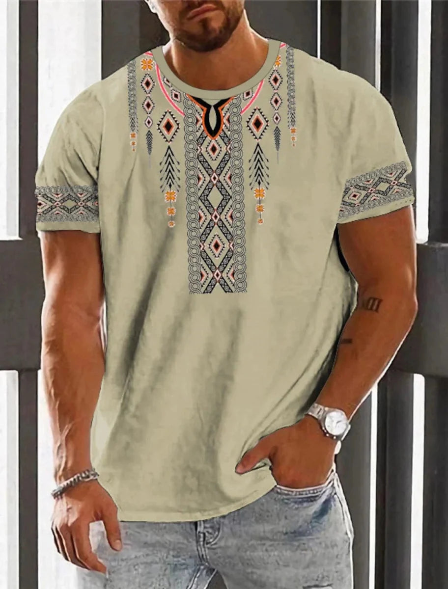 Showlu Fashion men's ethnic 3D print T-shirt featuring retro Harajuku totem design, casual summer streetwear style.