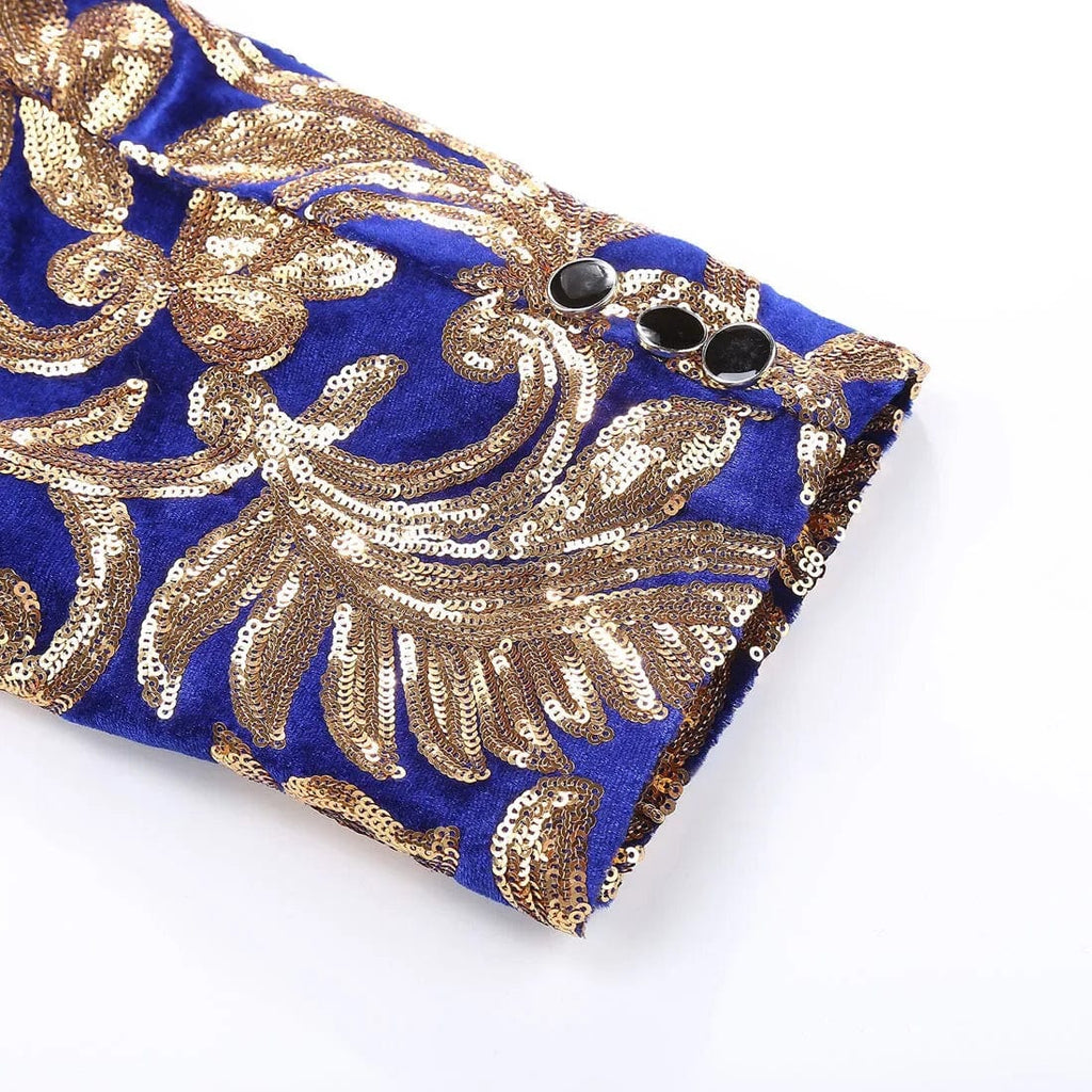 Showlu men's blue velvet suit with gold sequins, including blazer and trousers, perfect for weddings or formal events.