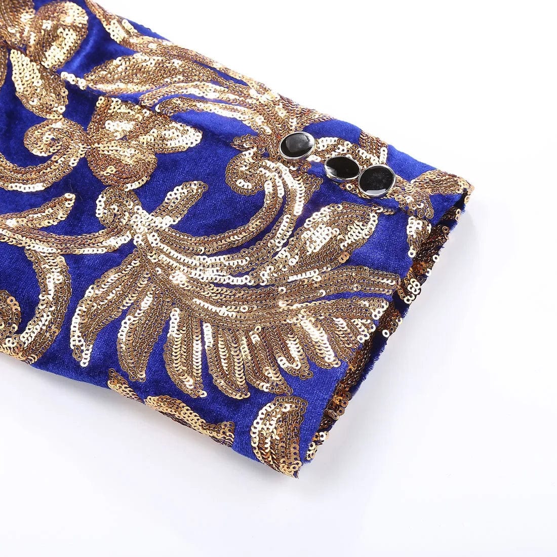 Showlu men's blue velvet suit with gold sequins, including blazer and trousers, perfect for weddings or formal events.