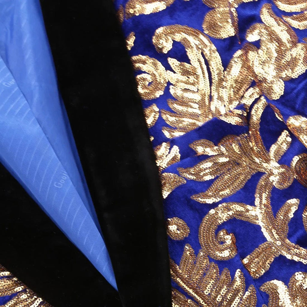 Showlu men's blue velvet suit with gold sequins, including blazer and trousers, perfect for wedding or formal occasions.