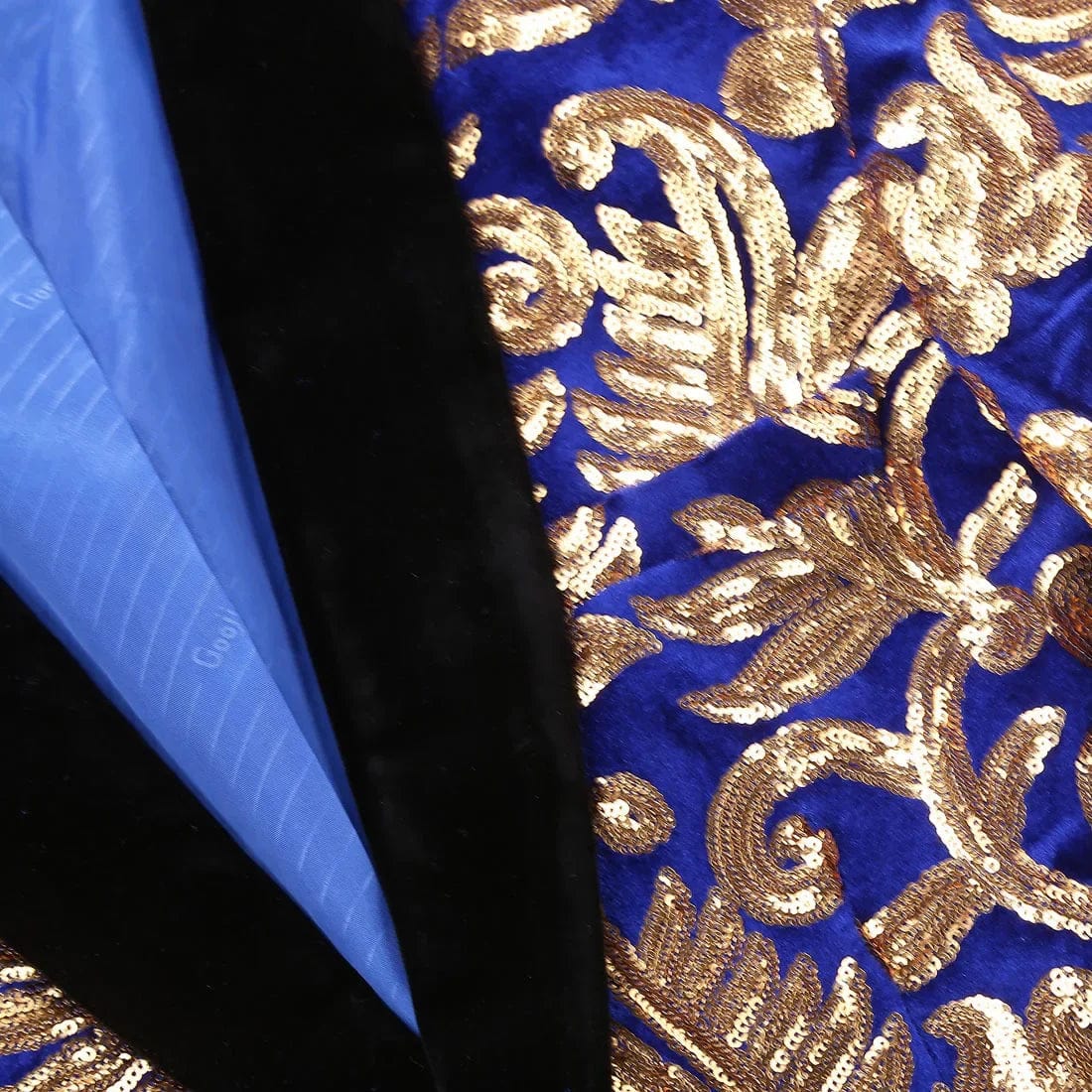Showlu men's blue velvet suit with gold sequins, including blazer and trousers, perfect for wedding or formal occasions.
