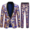 Showlu men's blue velvet suit with gold sequins, including blazer and trousers, perfect for weddings or formal events.