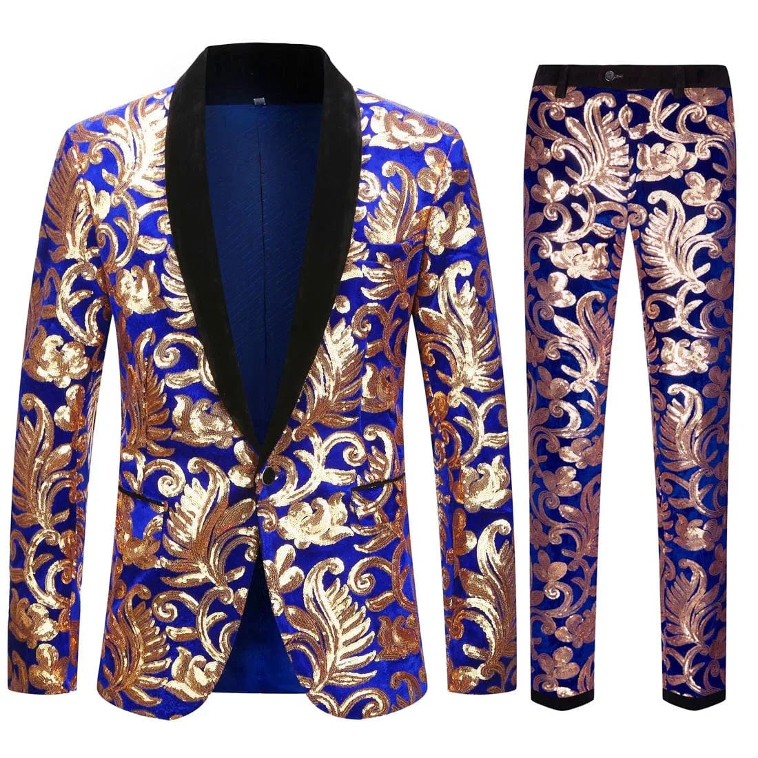 Showlu men's blue velvet suit with gold sequins, including blazer and trousers, perfect for weddings or formal events.