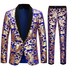 A two-piece men's suit featuring a blue velvet blazer and trousers with gold sequin floral patterns.