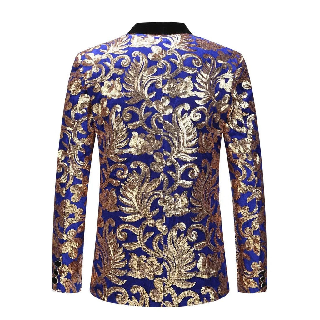 Showlu men's blue velvet blazer and trousers with gold sequin details, 2-piece suit for wedding or formal occasions.