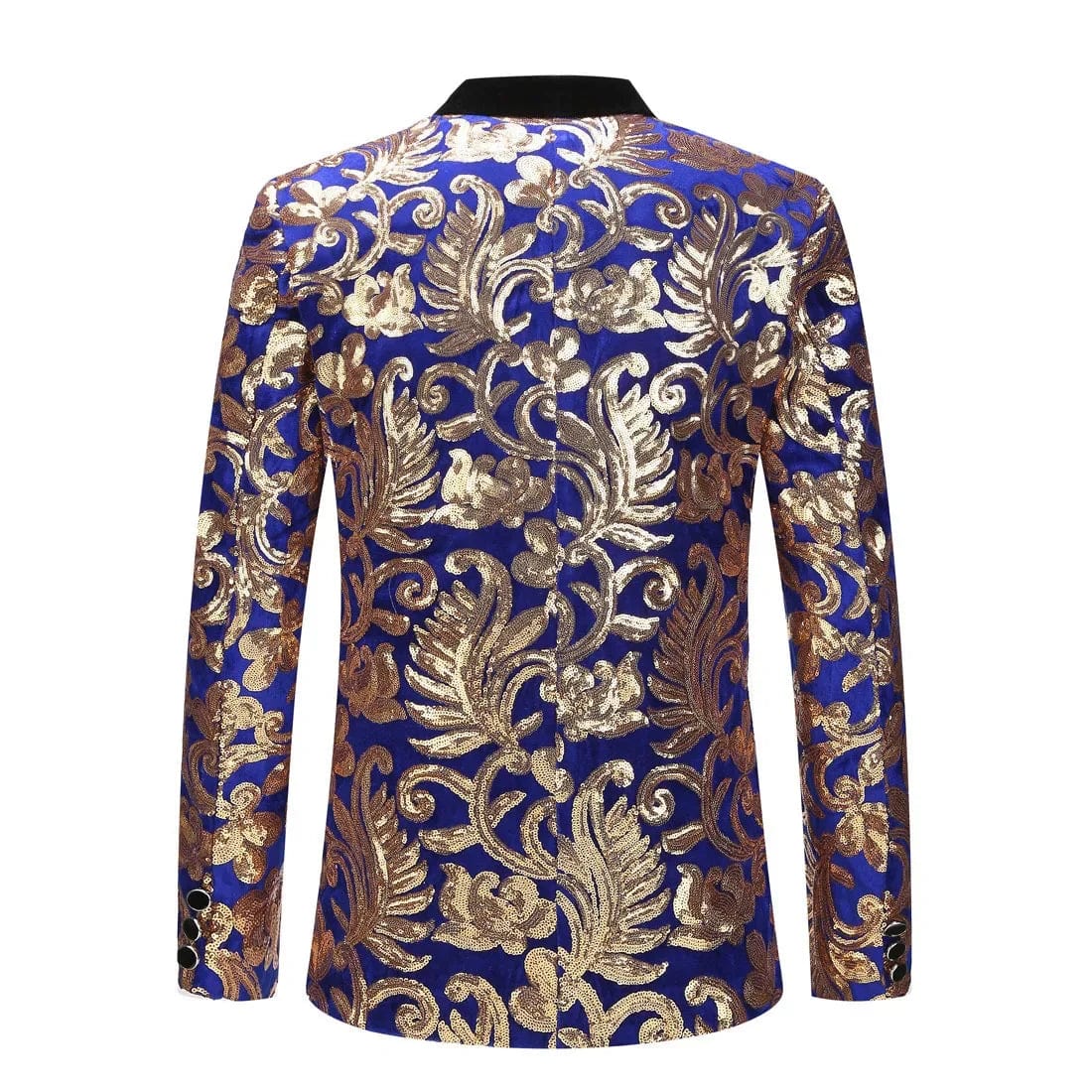 Showlu men's blue velvet blazer and trousers with gold sequin details, 2-piece suit for wedding or formal occasions.