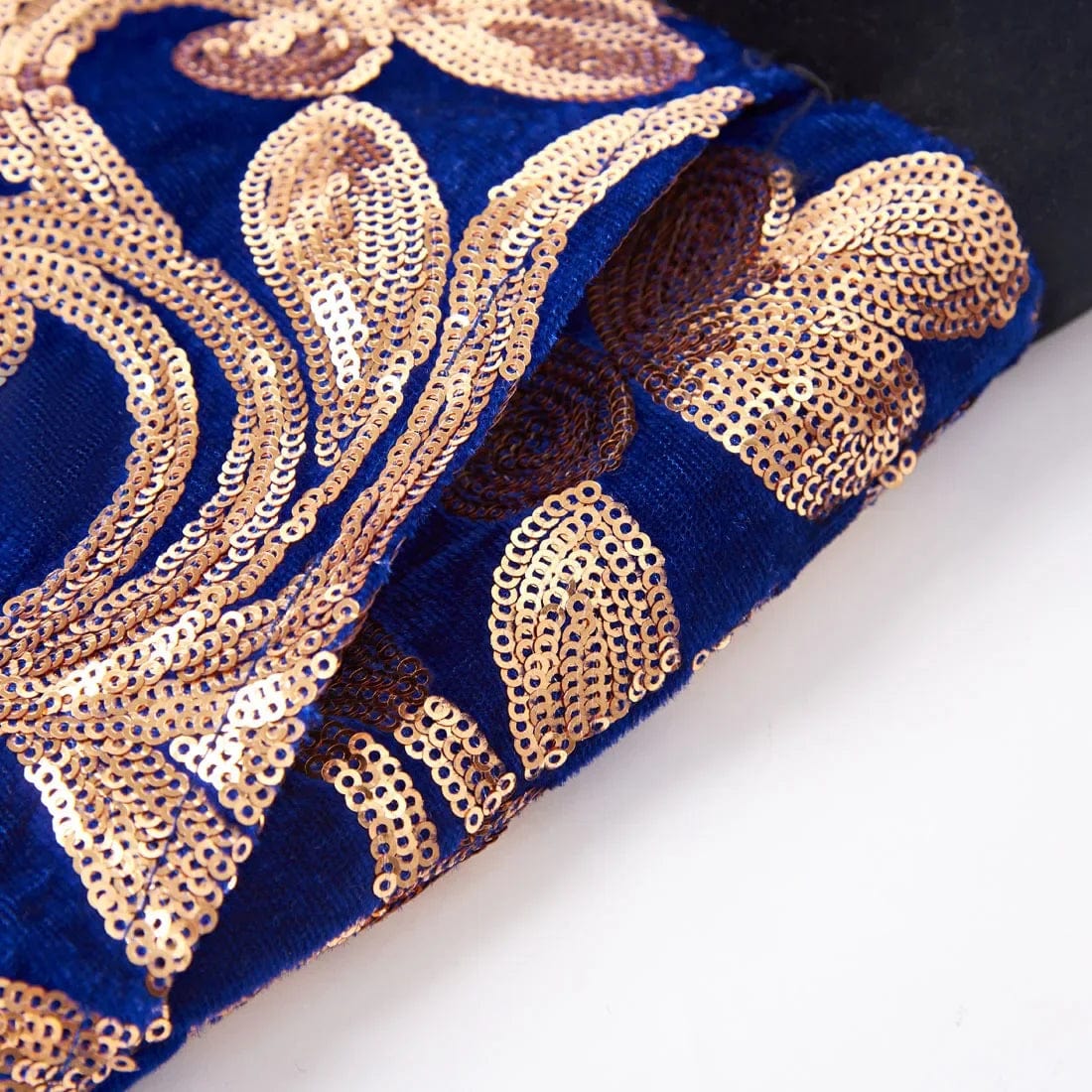 Showlu men's blue velvet suit with gold sequin blazer and trousers, stylish 2-piece set for formal events and weddings.