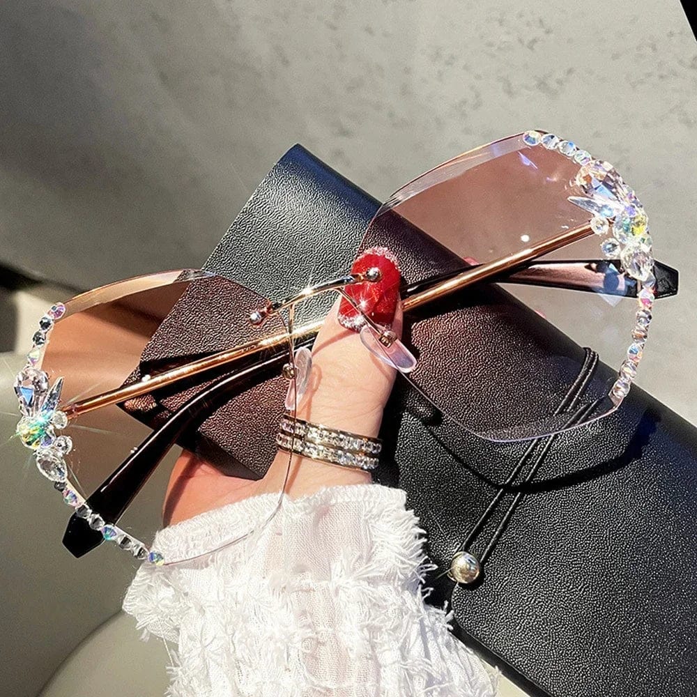 Vintage rimless rhinestone sunglasses with gradient lenses and UV400 protection, stylish unisex eyewear by MuseLife.