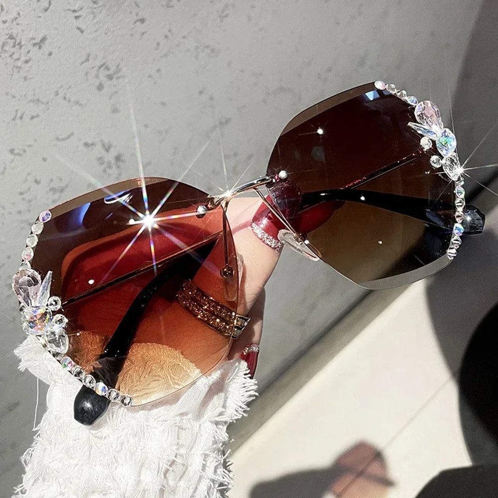 Vintage rimless rhinestone sunglasses with gradient lenses and UV400 protection, stylish unisex eyewear by Showlu Fashion Store.