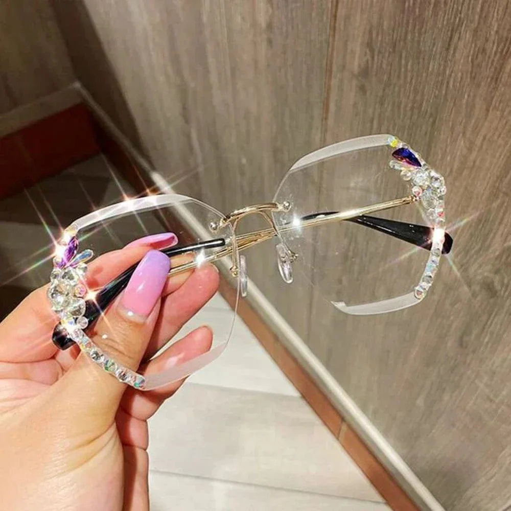 MuseLife rimless rhinestone sunglasses with vintage gradient lenses, UV400 protection, stylish unisex retro eyewear.