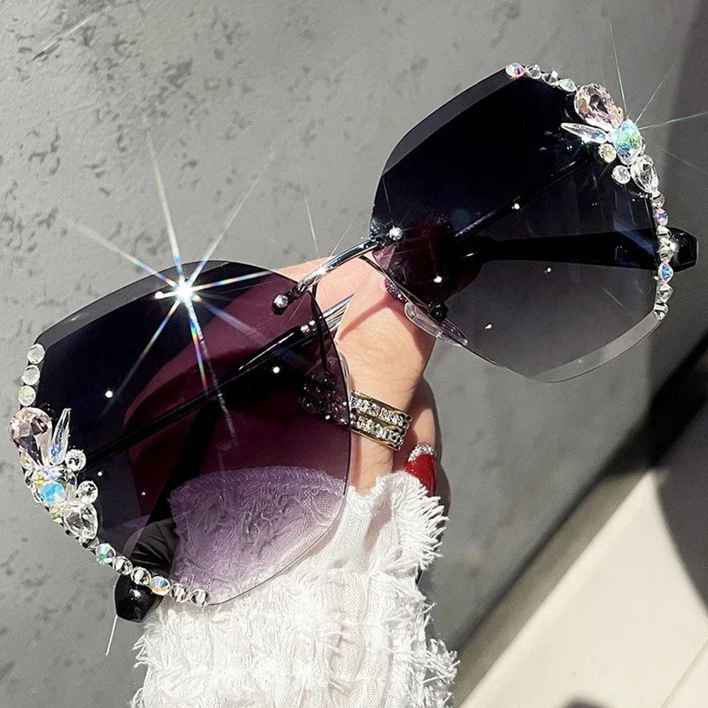 Vintage rimless rhinestone sunglasses with gradient lenses and UV400 protection, stylish unisex eyewear by Showlu Fashion Store.