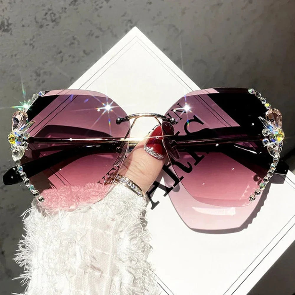 Vintage rimless rhinestone sunglasses with gradient lenses, UV400 protection, stylish unisex design by Showlu Fashion Store.