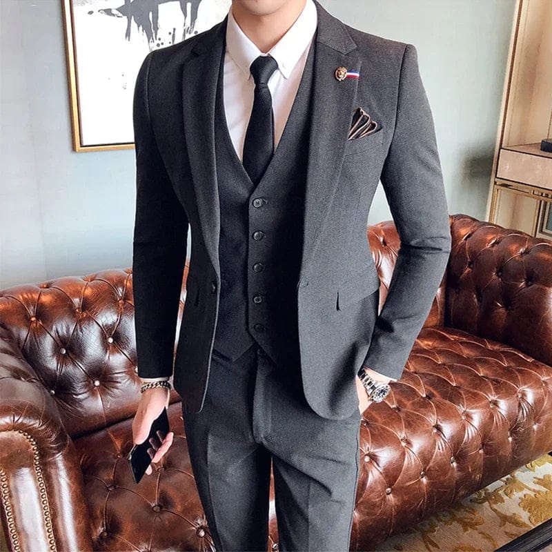 Showlu Fashion men's 3-piece slim fit business suit with jacket, vest, and pants in solid color, suitable for formal occasions.