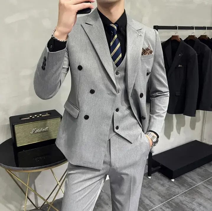 Men's 3-piece slim fit business suit by Showlu Fashion, includes jacket, vest, and pants in solid color with a modern, tailored look.