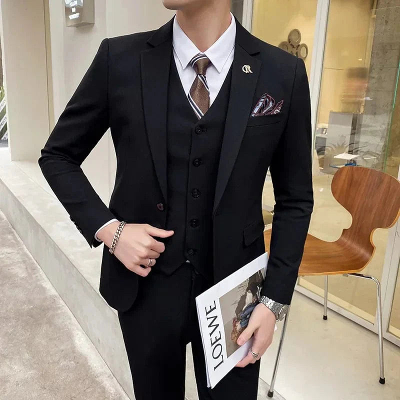 Men's 3-piece slim fit business suit with jacket, vest, and pants in solid color, stylish and modern from Showlu Fashion.