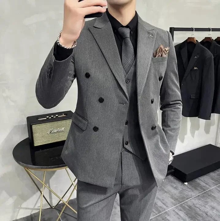 Showlu Fashion men's 3-piece slim fit business suit with jacket, vest, and pants, featuring a solid color design and modern style.