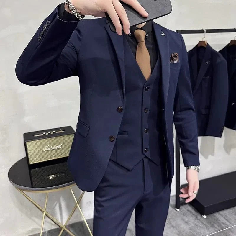 Showlu Fashion men's 3-piece slim fit business suit with jacket, vest, and pants in solid color, suitable for formal occasions.