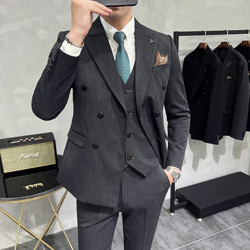 Showlu Fashion men's 3-piece slim fit business suit with jacket, vest, and pants in solid color, suitable for formal occasions.