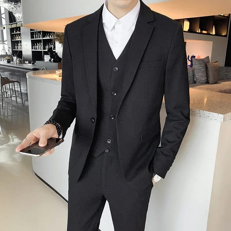 Showlu Fashion men's 3-piece slim fit business suit with jacket, vest, and pants in solid color, suitable for formal occasions.