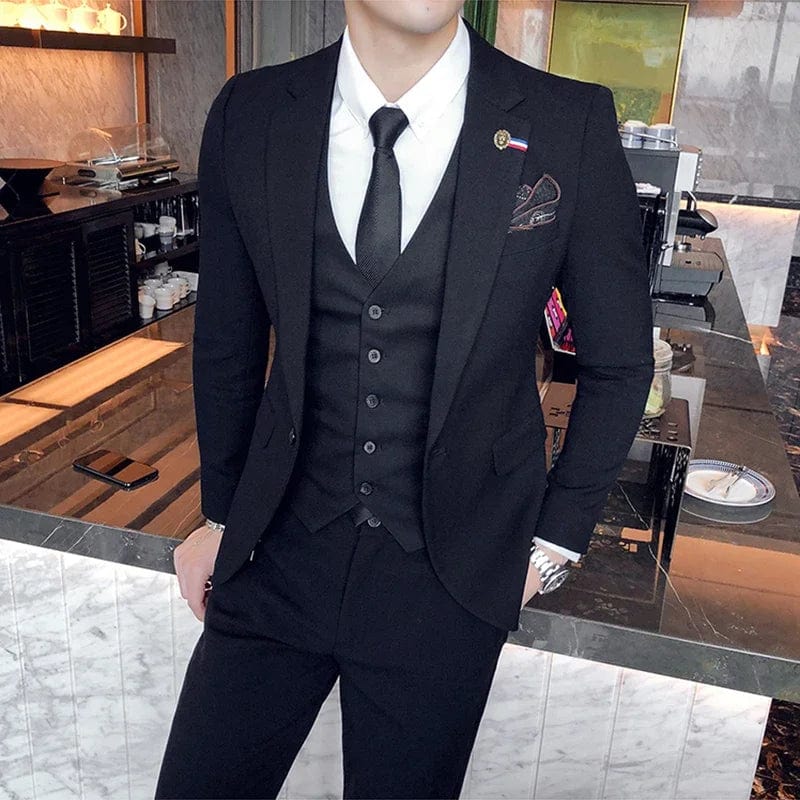 Men's 3-piece slim fit business suit with blazer, vest, and pants in solid color, stylish and modern from Showlu Fashion.