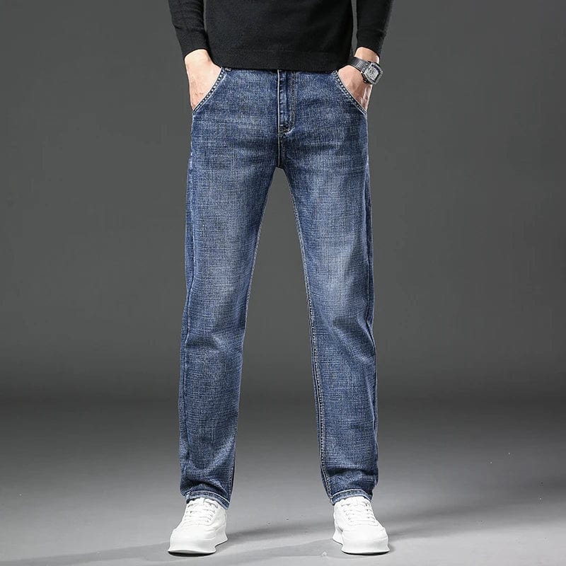 Men's straight leg stretch denim jeans by Showlu Fashion, spring casual style, soft, baggy fit, casual and business wear.