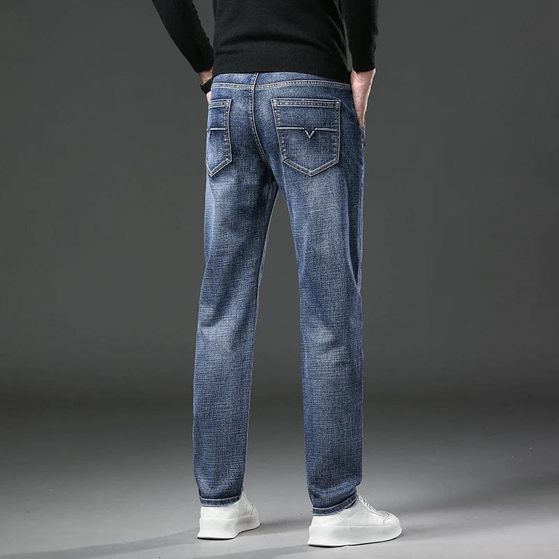 Men's straight leg stretch denim jeans by Showlu Fashion, casual spring style with soft, baggy, comfortable fit and classic denim look.