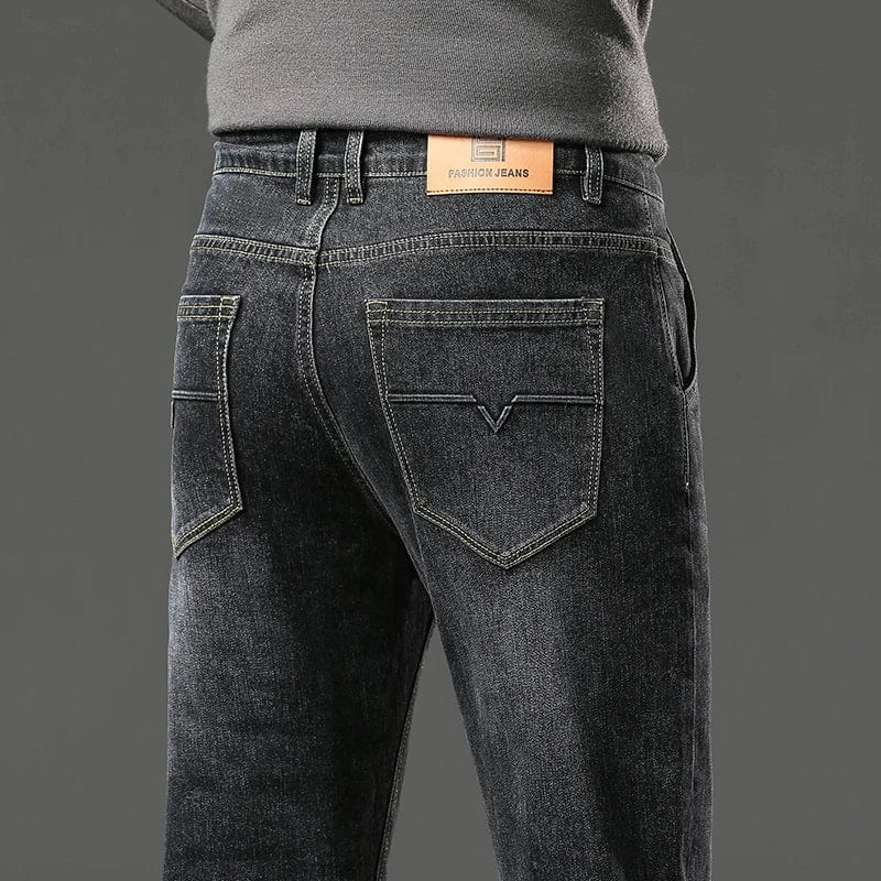 Men's straight leg stretch denim jeans by Showlu Fashion Store, soft, casual spring jeans with a baggy fit and classic denim look.