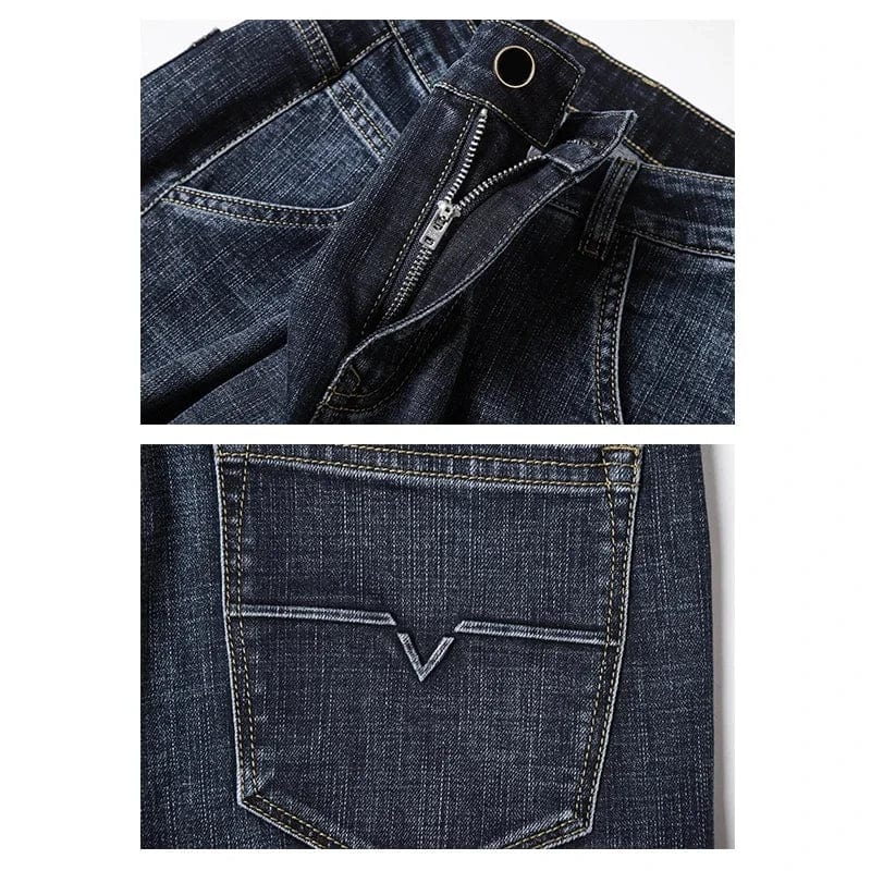 Men's straight leg stretch denim jeans by Showlu Fashion Store, casual spring denim trousers with a baggy, soft, and comfortable fit.