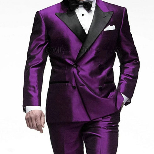 2024 Fashion Pik Lapel Double Buckle Men's Wedding Set Purple Groom Tailcoat Ball Casual Business Clothing Two Piece Jacket Pant - SHOWLU FASHION STORE