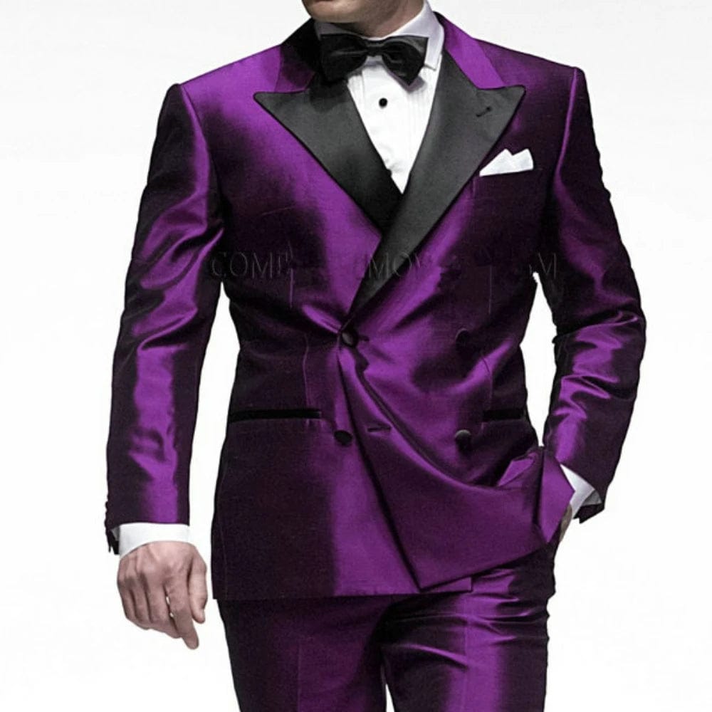 2024 Fashion Pik Lapel Double Buckle Men's Wedding Set Purple Groom Tailcoat Ball Casual Business Clothing Two Piece Jacket Pant - SHOWLU FASHION STORE