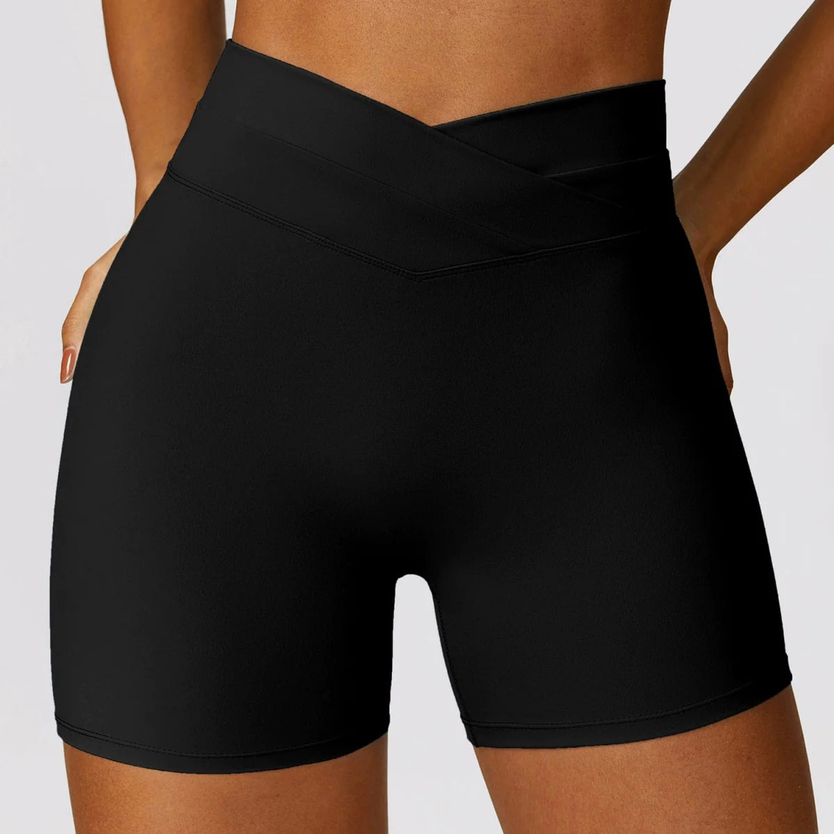 Showlu Fashion women's high waist yoga shorts with brushed fabric, skinny fit, and supportive design for workout and running.