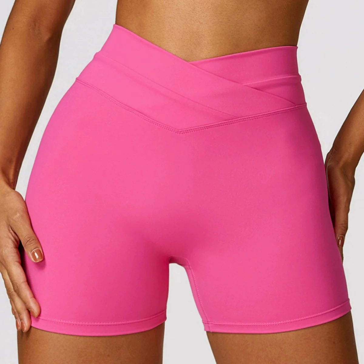 Showlu Fashion women's high waist yoga shorts in brushed fabric, designed for comfortable workout and running.