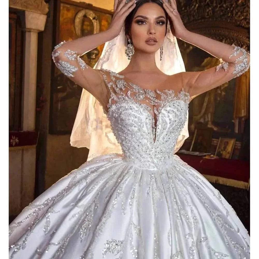 Elegant KSDN O-neck ball gown wedding dress by Showlu Fashion with beaded satin, appliques, and a long chapel train for brides.
