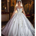 Elegant KSDN O-neck ball gown wedding dress by Showlu Fashion with beaded satin, appliques, chapel train, perfect for brides.