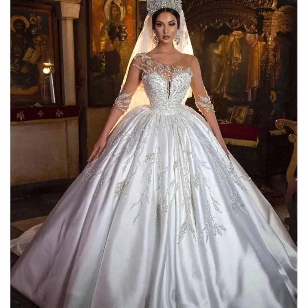 Elegant KSDN O-neck ball gown wedding dress by Showlu Fashion with beaded satin, appliques, chapel train, perfect for brides.