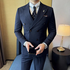 2024 High - quality Korean Version Slim (suit + Vest + Trousers) Stylish and Handsome Striped Double - breasted Suit Three - piece Set - SHOWLU FASHION STORE