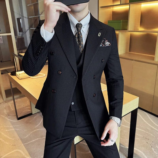 2024 High - quality Korean Version Slim (suit + Vest + Trousers) Stylish and Handsome Striped Double - breasted Suit Three - piece Set - SHOWLU FASHION STORE