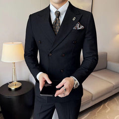 2024 High - quality Korean Version Slim (suit + Vest + Trousers) Stylish and Handsome Striped Double - breasted Suit Three - piece Set - SHOWLU FASHION STORE