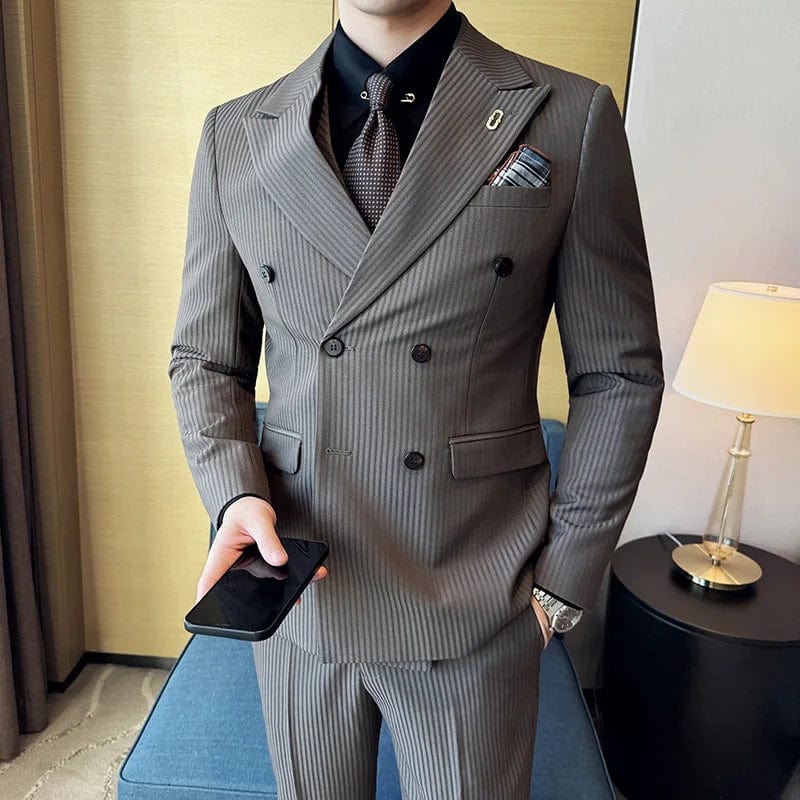 2024 High - quality Korean Version Slim (suit + Vest + Trousers) Stylish and Handsome Striped Double - breasted Suit Three - piece Set - SHOWLU FASHION STORE