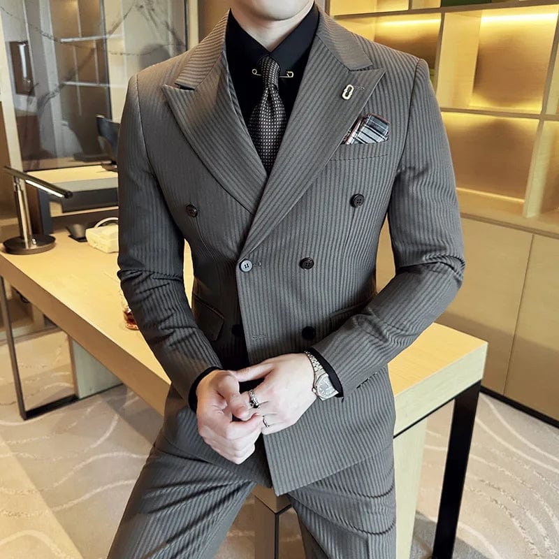 2024 High - quality Korean Version Slim (suit + Vest + Trousers) Stylish and Handsome Striped Double - breasted Suit Three - piece Set - SHOWLU FASHION STORE